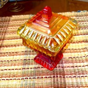 Vintage Orange Red Glass Covered Stemmed Candy Dish